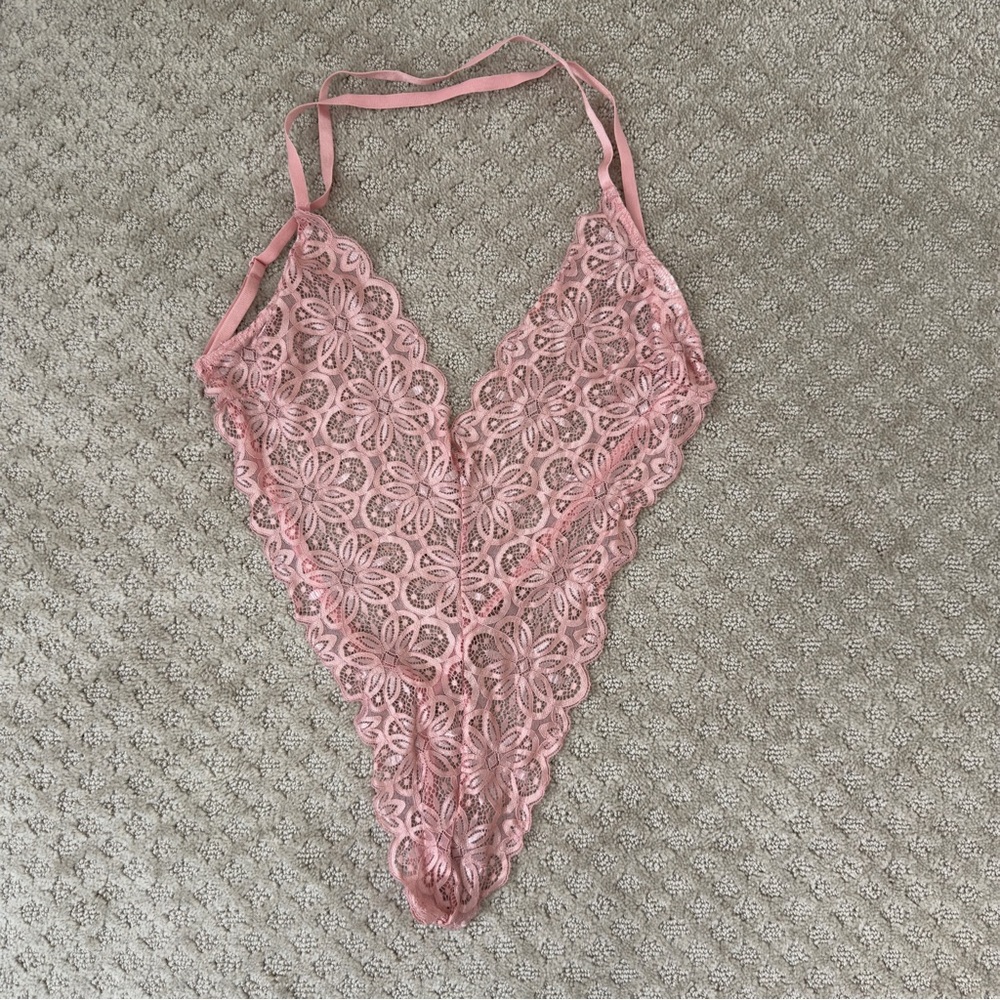 Pink lace teddy with sheer skirt coverup from Spicy Lingerie